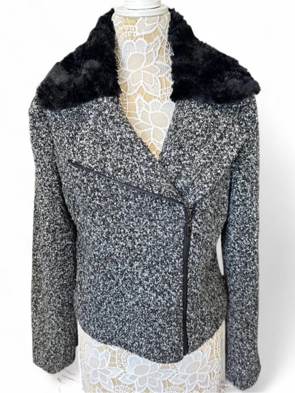 Forever 21 Black and Gray Tweed Moto Jacket with Faux Fur Collar